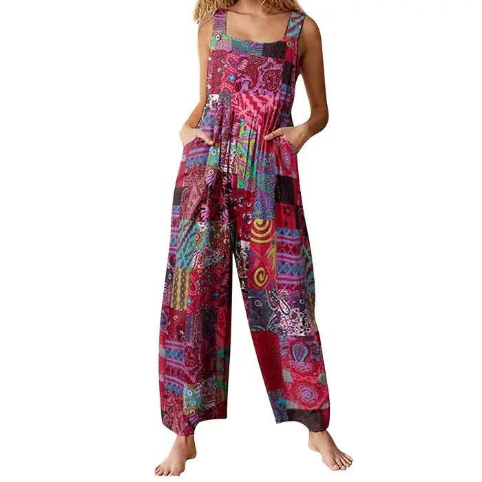 Salopette d'été captivante pour femmes, combinaison décontractée en fibre à col carré de style ethni