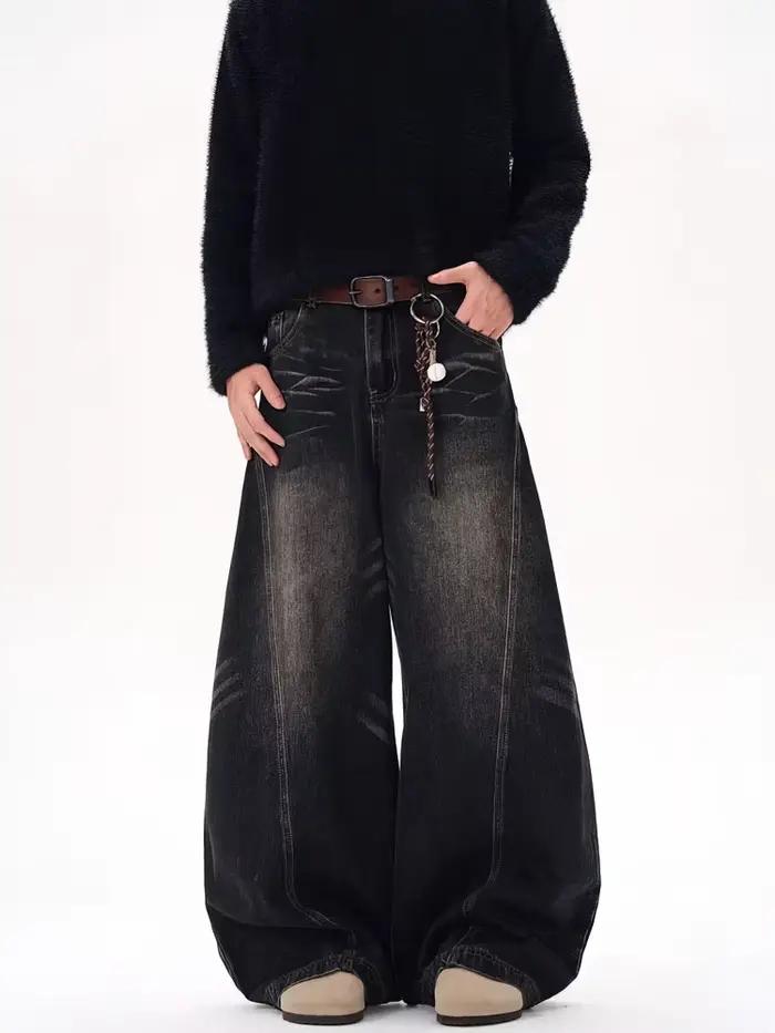 Jean baggy vintage noir délavé pour homme, coupe large, style streetwear, décontracté, en denim, cou