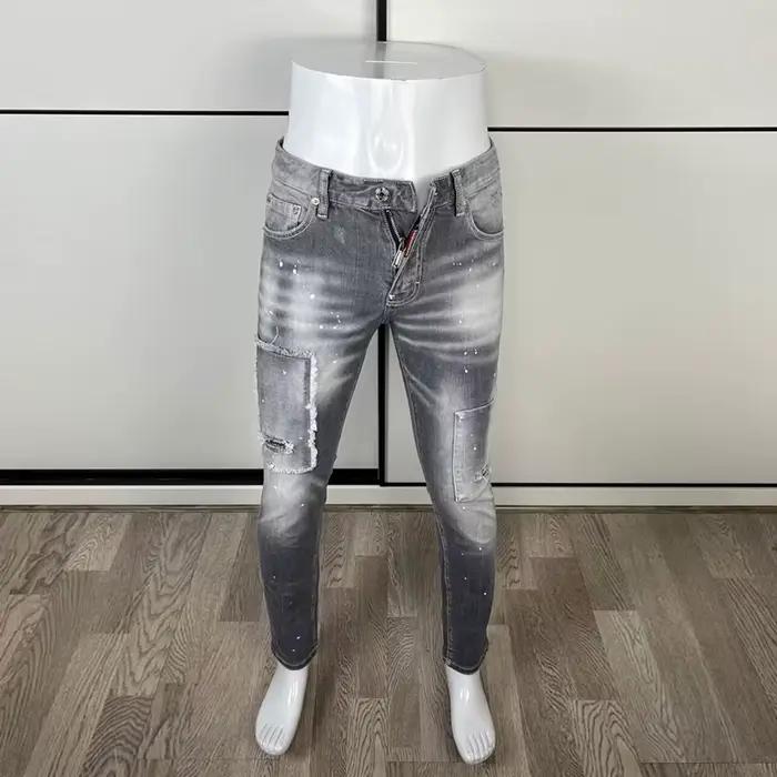 Jean slim homme de créateur, style streetwear, gris vintage, effet peint, élastique, délavé, marque 