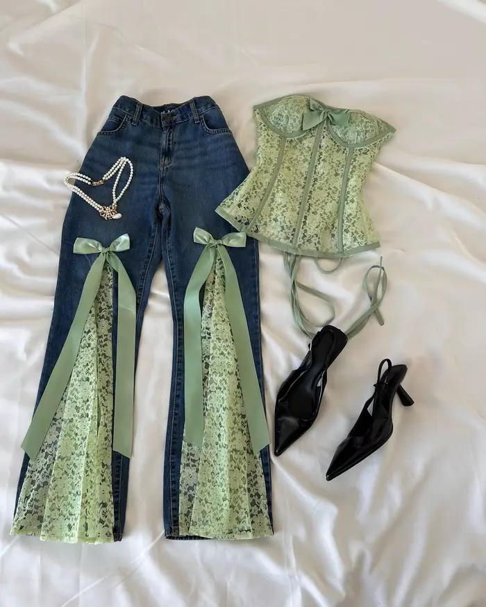 Jean en dentelle bleu menthe foncé style American Sweetheart Y2K Harajuku avec nœud décoratif
