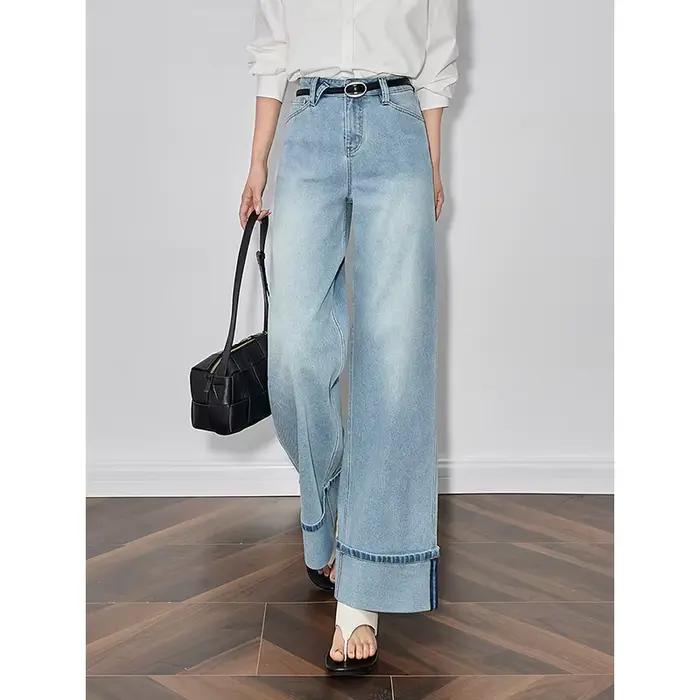 TOYOUTH femmes Denim jean 2025 printemps nouveau à la mode ourlet retroussé droit jambe large pantalon
