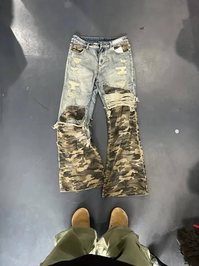 Jeans patchwork camouflage rétro américain pour hommes et femmes