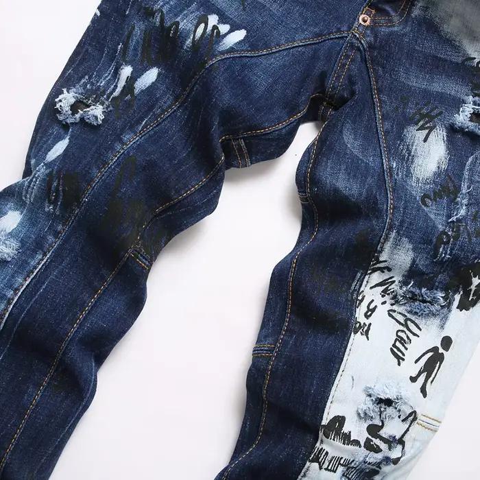 Hommes lettres imprimé Denim jean trous déchiré Patchwork épissé pantalon bouton mouche mince effilé Stretch