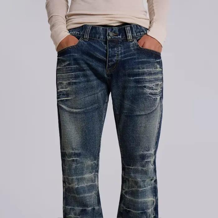 Jeans évasés vintage Y2K bleu moyen délavé pour hommes et femmes