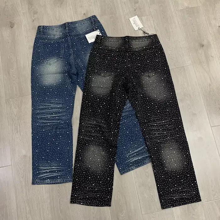 Vintage brillant strass trou lavé en détresse Baggy jean pantalon pour hommes droit décontracté ample déchiré Denim
