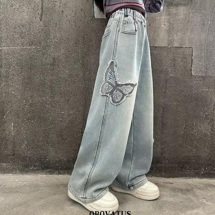 Jean Vintage Bleu avec Applique de Papillons pour Fille