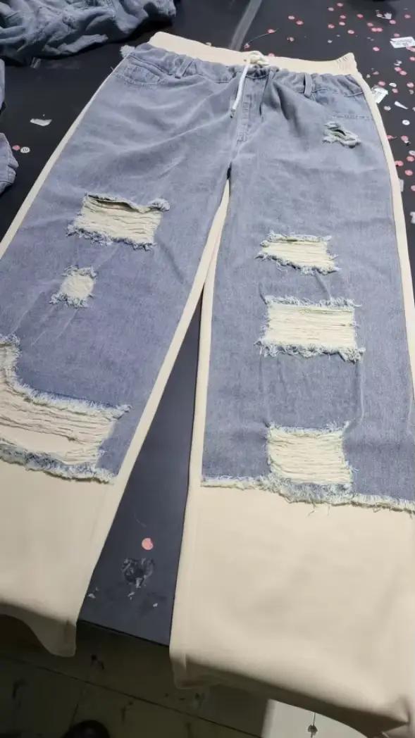 Pantalon en jean pour femme avec coutures et design déchiré trou patchwork taille élastique