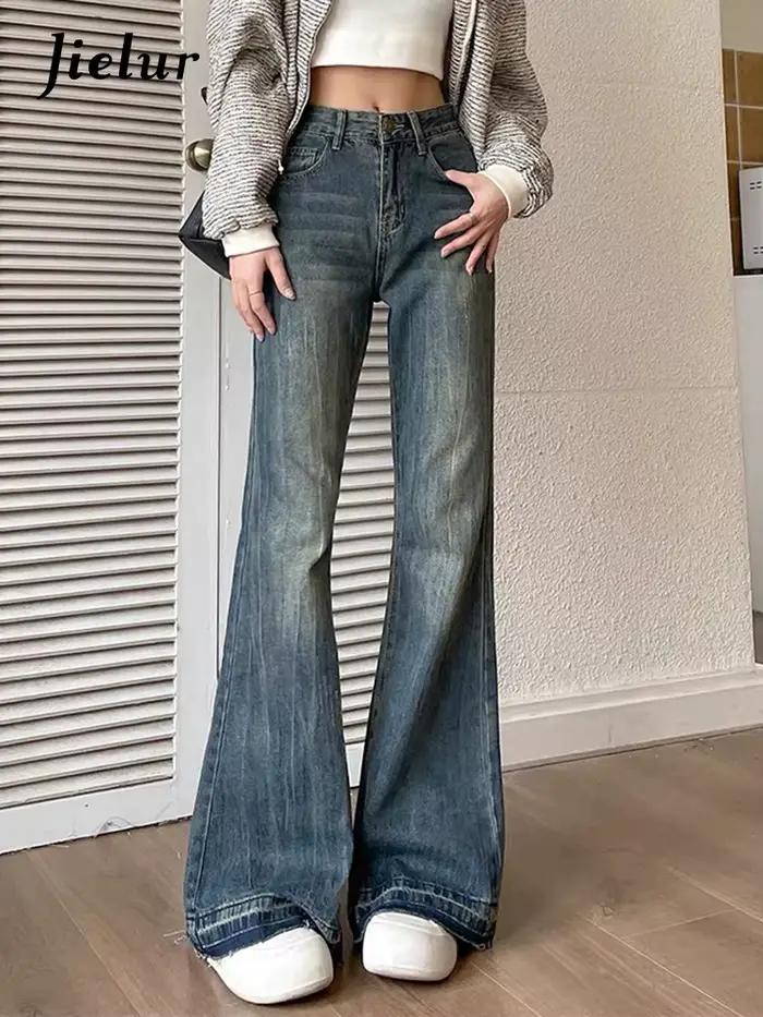 Jielur-Jean Slim Décontracté Vintage Bleu pour Femme