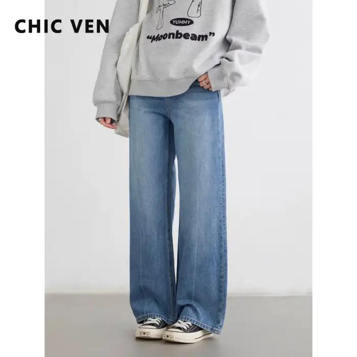 CHIC VEN femmes jean bleu ample décontracté solide nouveau rétro coton jambe large Denim pantalon femme
