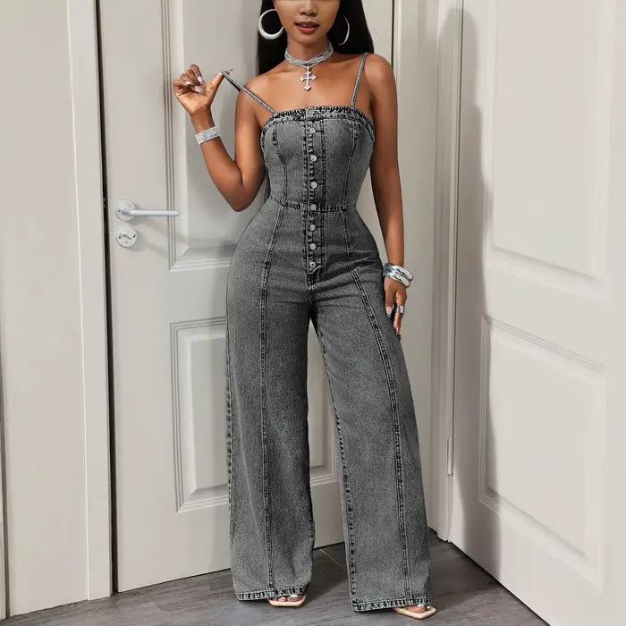 Combinaisons en jean pour femmes vintage sans dos sans manches délavées style streetwear pantalons en jean à bretelles printemps été 2026