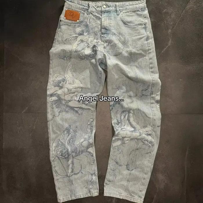 Nouveau Jean Droit Rétro Tendance Motif Ange Cupidon Y2K Délavé Style Américain Urbain Décontracté Coupe Droite Ample Unisexe