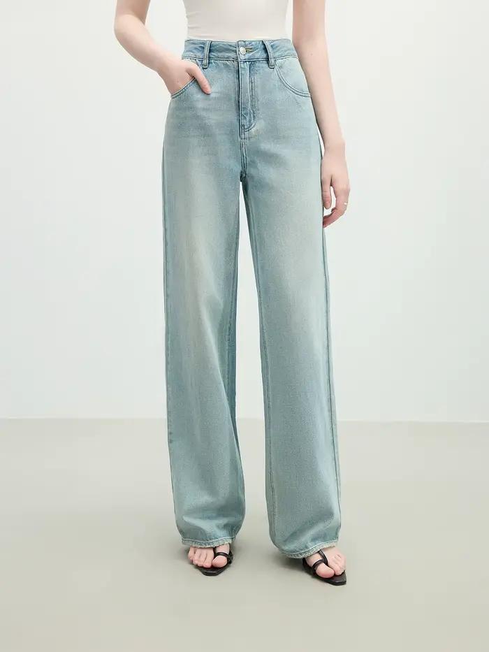 FSLE lavé en détresse taille haute jean droit pour les femmes 2025 été nouveau coupe mince polyvalent décontracté