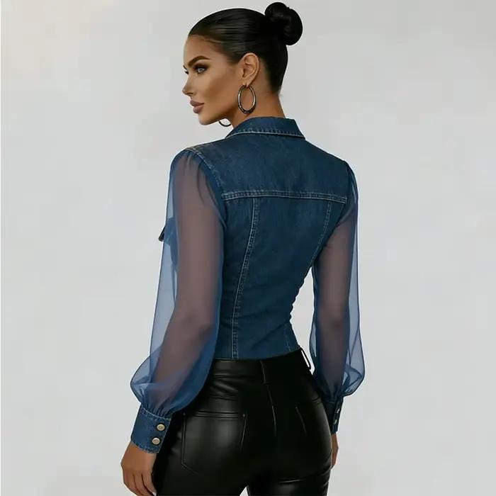 Chemisier en jean bleu transparent à manches longues pour femme