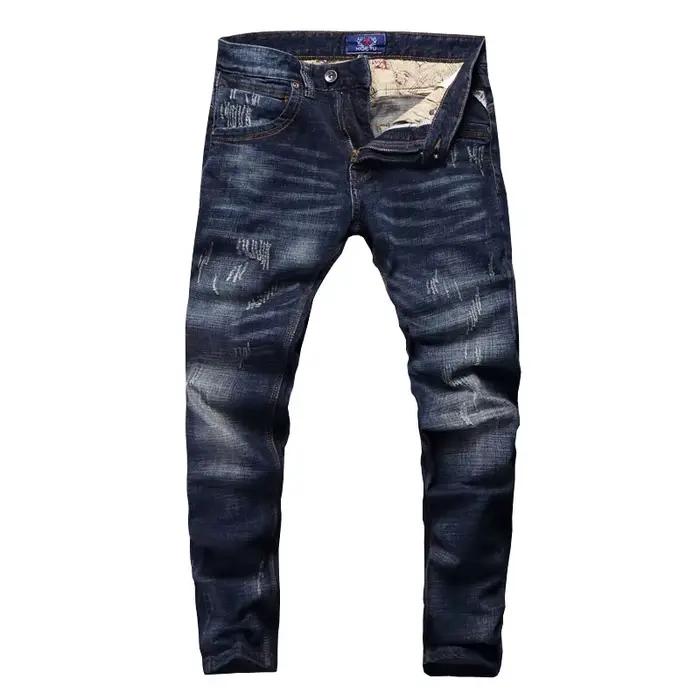Style italien mode hommes jean rétro bleu foncé élastique coupe ajustée déchiré