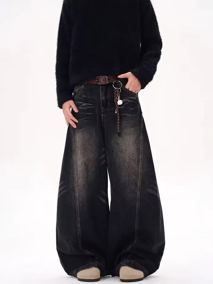 Vintage noir lavé Baggy jean pantalon hommes jambe large lame incurvée