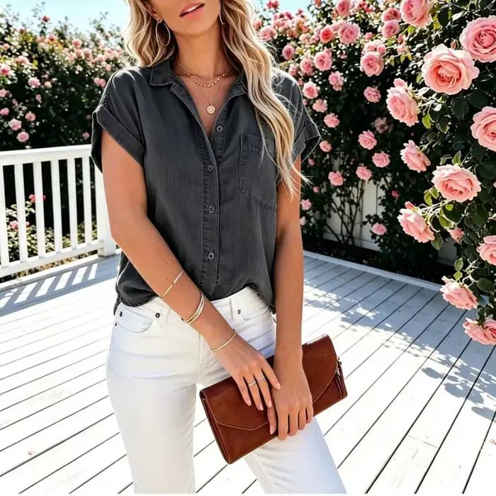 Chemise en jean à manches courtes pour femme