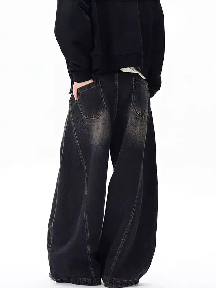 Vintage noir lavé Baggy jean pantalon hommes jambe large lame incurvée