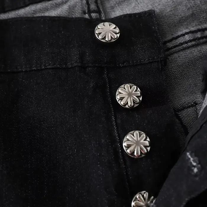LOSTSHDWS Jean évasé brodé à fleurs pour homme – Pantalon en denim vintage délavé et usé style Y2K Hip Hop Streetwear