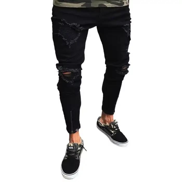 Jeans pour hommes nouveau pantalon tendance noir déchiré avec fermeture éclair extensible