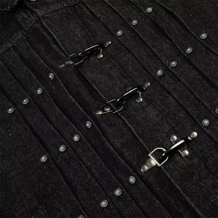 Nouvelle Veste en Jean Vintage pour Homme 2026 avec Boucle Aviateur et Boutons Turquoise – Manteau Décontracté Automne Style Rétro Américain Streetwear Noir Haut de Gamme