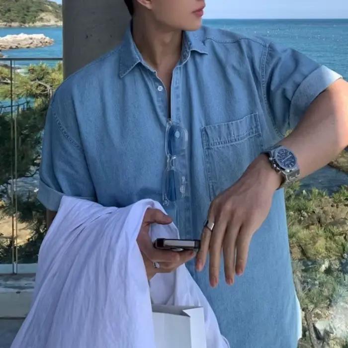 Chemise en jean délavé à manches courtes pour homme – Style décontracté et ample pour l'été