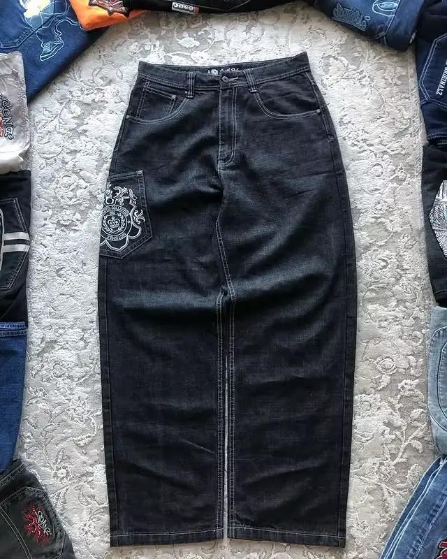 Jeans à jambes larges rétro brodés Southpole pour hommes en toile enduite, idéaux pour le shopping et les soirées hip-hop