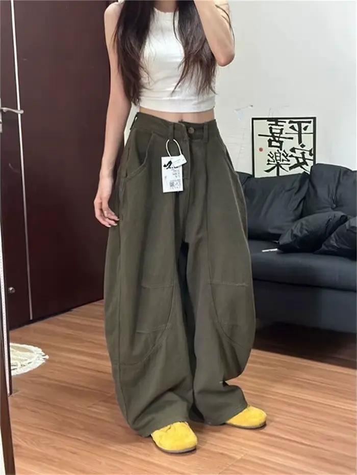 Botvotee Baggye jean pour femmes armée vert taille haute ample Vintage Y2k Long Denim pantalon femme mode Streetwear