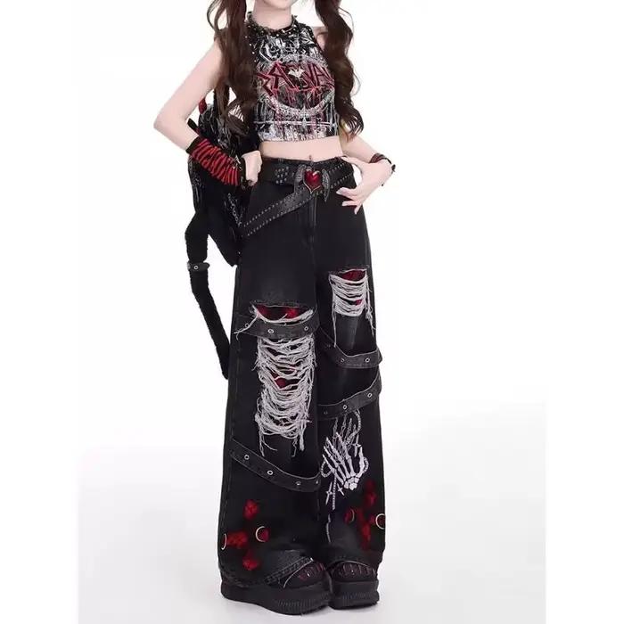 Style américain épicé fille lâche paresseux et détendu denim pantalon femme punk rétro lavé à la mode polyvalent pantalons décontractés