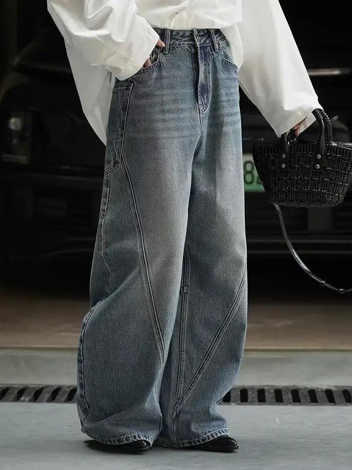 [EAM] taille haute bleu Denim irrégulier épissé décontracté jambe large jean nouvelles femmes pantalons mode marée printemps automne 2026 1DJ4377