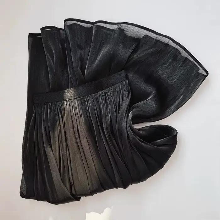Pantalon large élastique taille haute pour femme plissé en mousseline fin et ample pour l'été pantalon droit tendance pour femme occassions décontractées et bureau ```