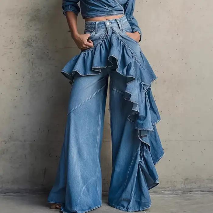 Jean large bleu à volants pour femme