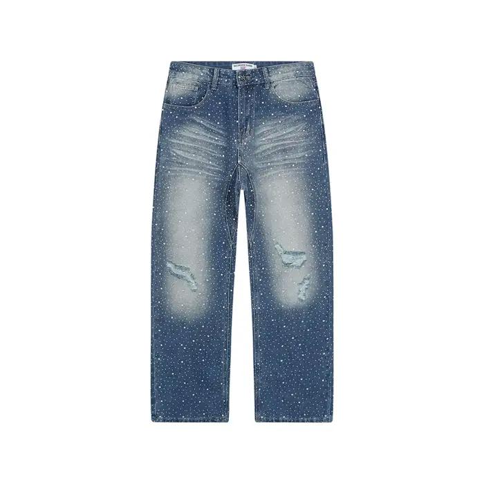 Vintage brillant strass trou lavé en détresse Baggy jean pantalon pour hommes droit décontracté ample déchiré Denim