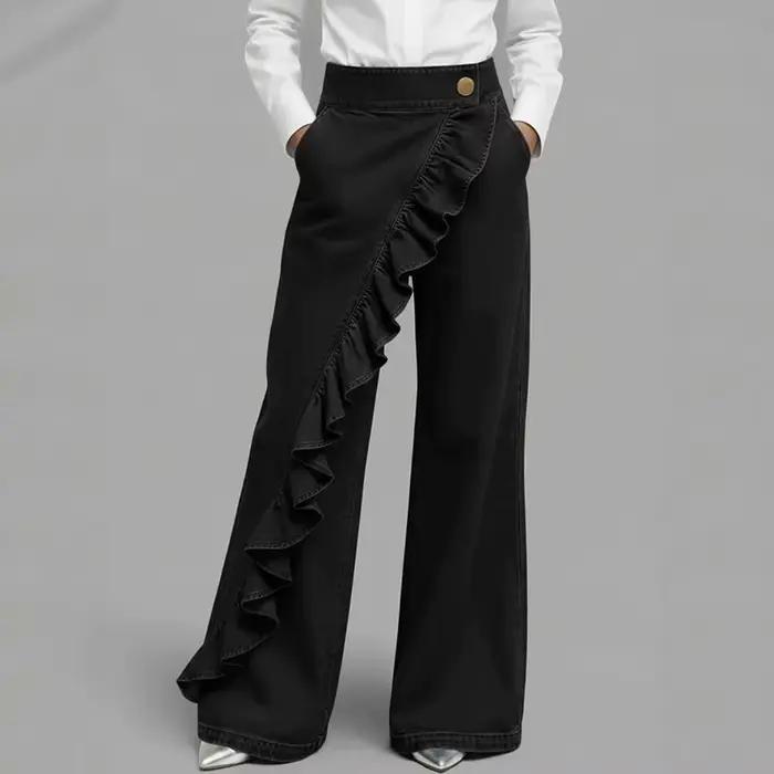 Jean en denim pour femme à volants, coupe large, style vintage et urbain, taille haute, bordure asymétrique, polyester robuste, occasionnels et événements formels
