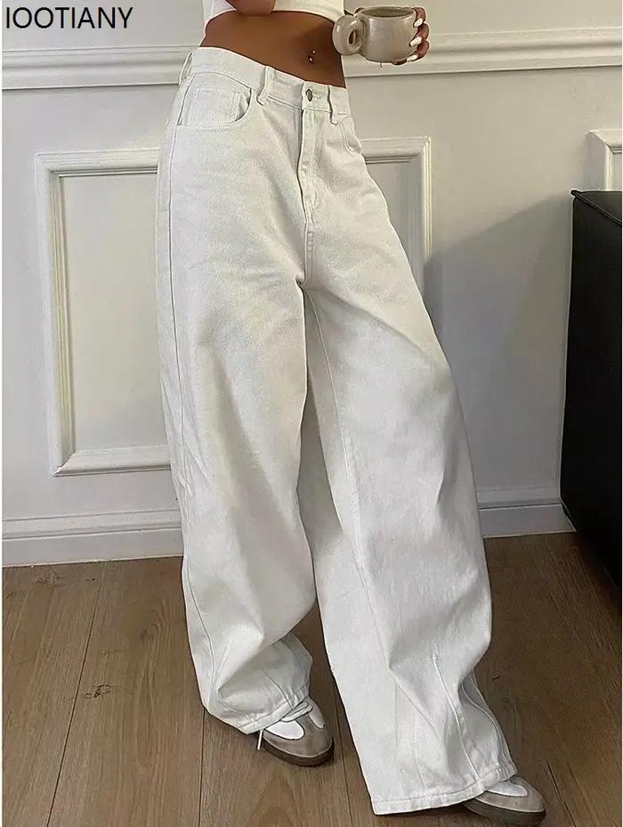 2025 jean ample mode femmes taille haute poche blanc couleur unie rétro jambe large