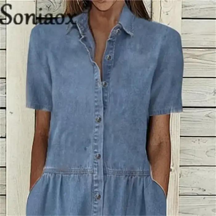 Robe en Denim à Manches Courtes pour Femme