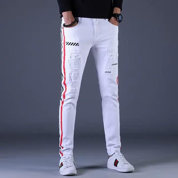 Mode de rue hommes jean blanc Stretch coupe maigre épissé concepteur Biker