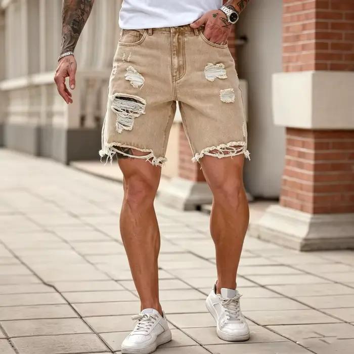 Shorts en jean déchirés pour homme, coupe droite, polyester et coton, style Y2K, pour printemps et été, ajustement lâche, poche, braguette zippée, longueur genou