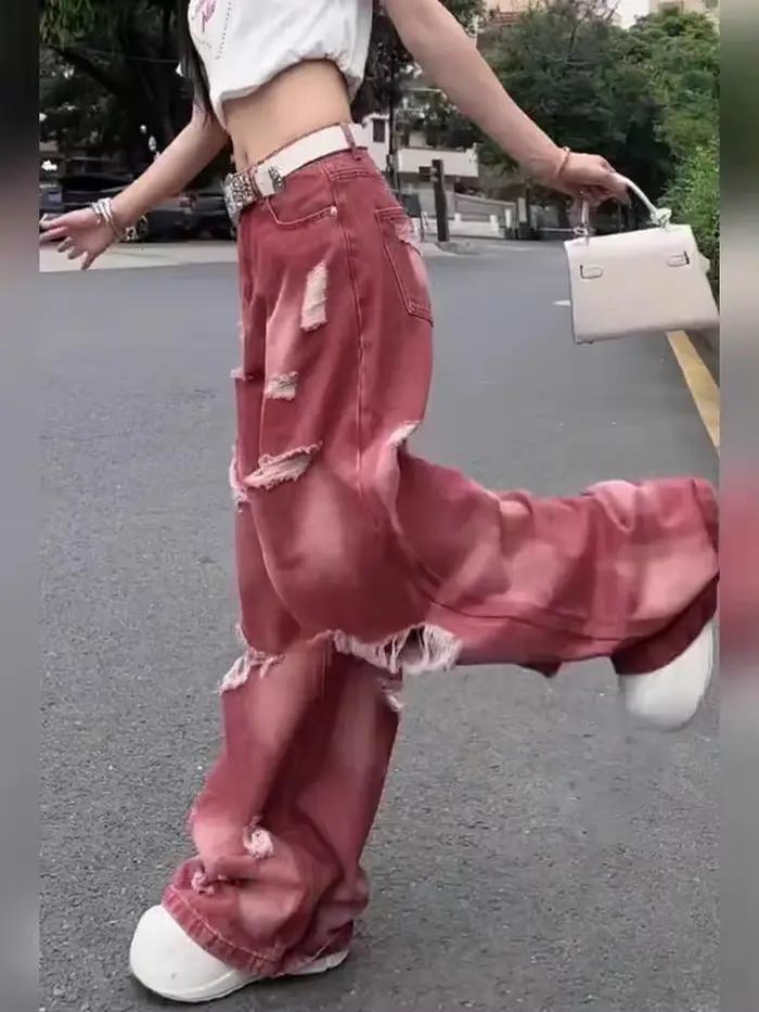 Jean Cargo Déchiré Rose Y2k pour Femme