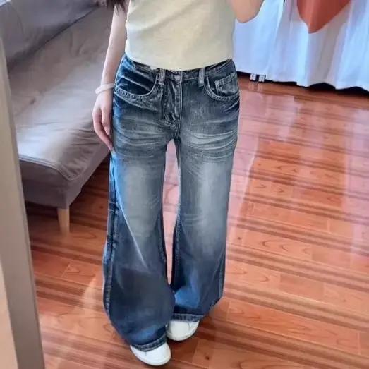 Jeans vintage taille haute à jambes larges pour femmes