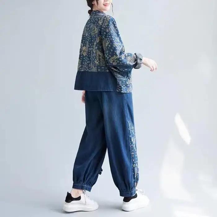 Ensemble veste et jean en denim à imprimé floral pour femmes