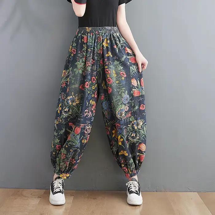 Jean denim vintage en coton imprimé pour femme, pantalon sarouel, taille élastique, style artistique, printemps 2022, ocassions spéciales