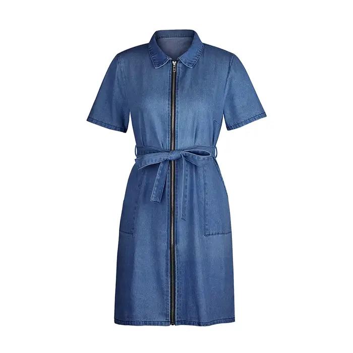 Robes en jean femmes Mini robe Vintage col rabattu à lacets poches zippées en détresse été