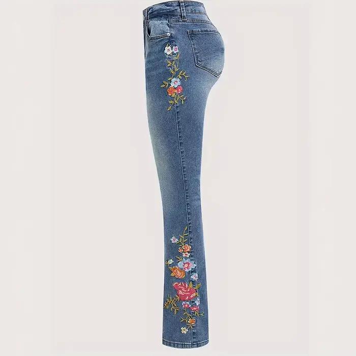 Jean femme coupe botte pantalon évasé Stretch taille moyenne broderie pleine longueur