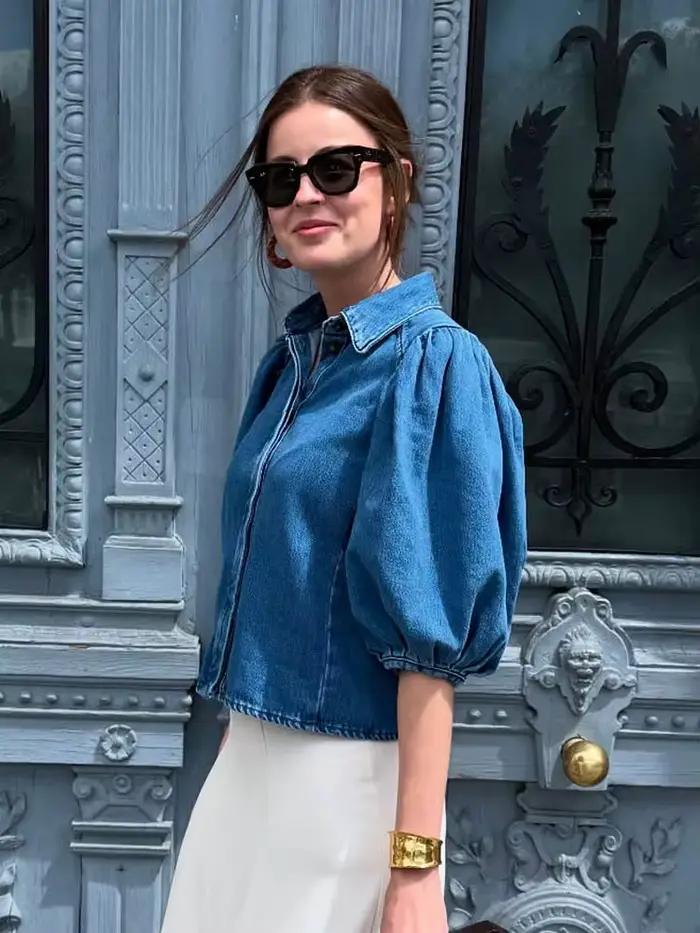 HH femmes mode Denim pantalon costume revers ample simple boutonnage petit haut + élégant taille haute fermeture éclair décontracté jambe large pantalons longs