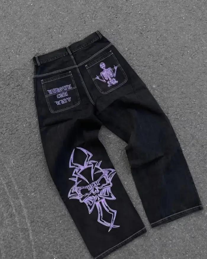 Jeans Harajuku Y2K Hommes Pantalon Décontracté à Jambes Larges Imprimé Noir Taille Haut Style Vintage Occasionnels Shopping