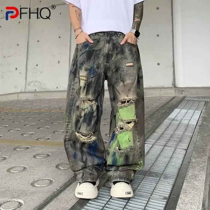 PFHQ 2026 Printemps Nouveau Jean déchiré tendance pour homme Coupe droite ample Lavé Décoration imprimée graffiti Mode Pantalon en denim 21P2102