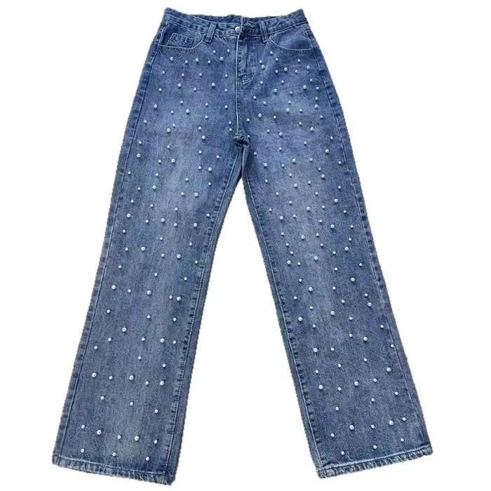 Nouveau pantalon en jean délavé perlé pour femme Printemps-Été 2026
