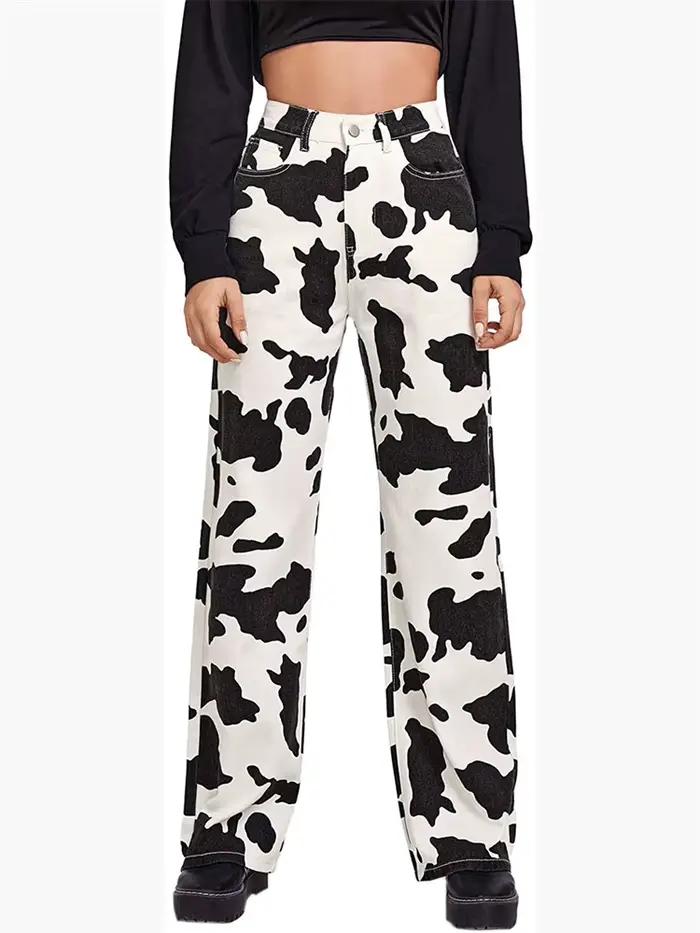 Jeans taille haute à motif de vache pour femmes