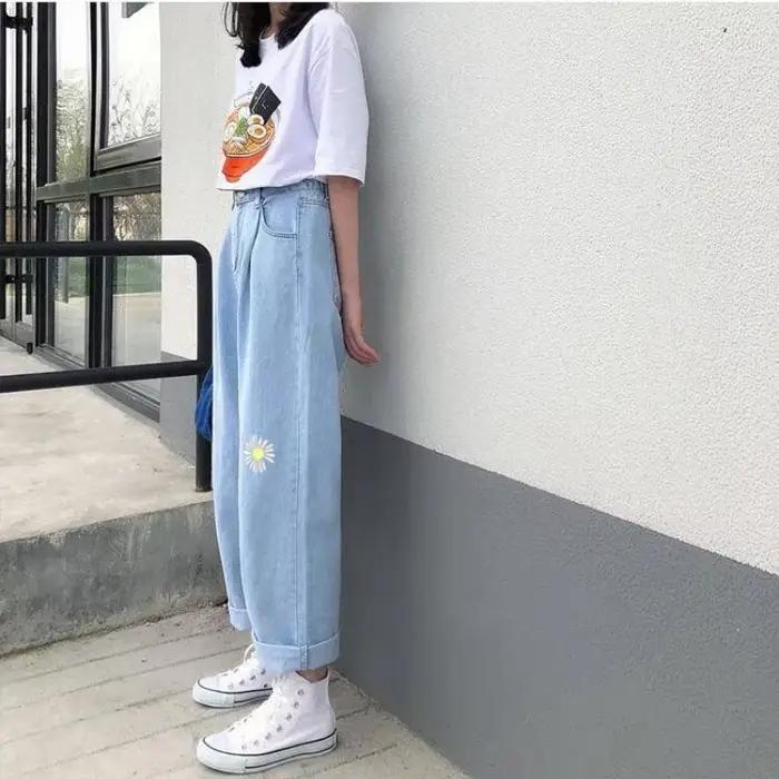 Jeans coréens pour femmes 2026, style Y2K, bleu ciel, coupe droite, taille haute, polyester et fibre de bambou, pantalon à jambes larges, braguette zippée, ajustement lâche, longueur cheville