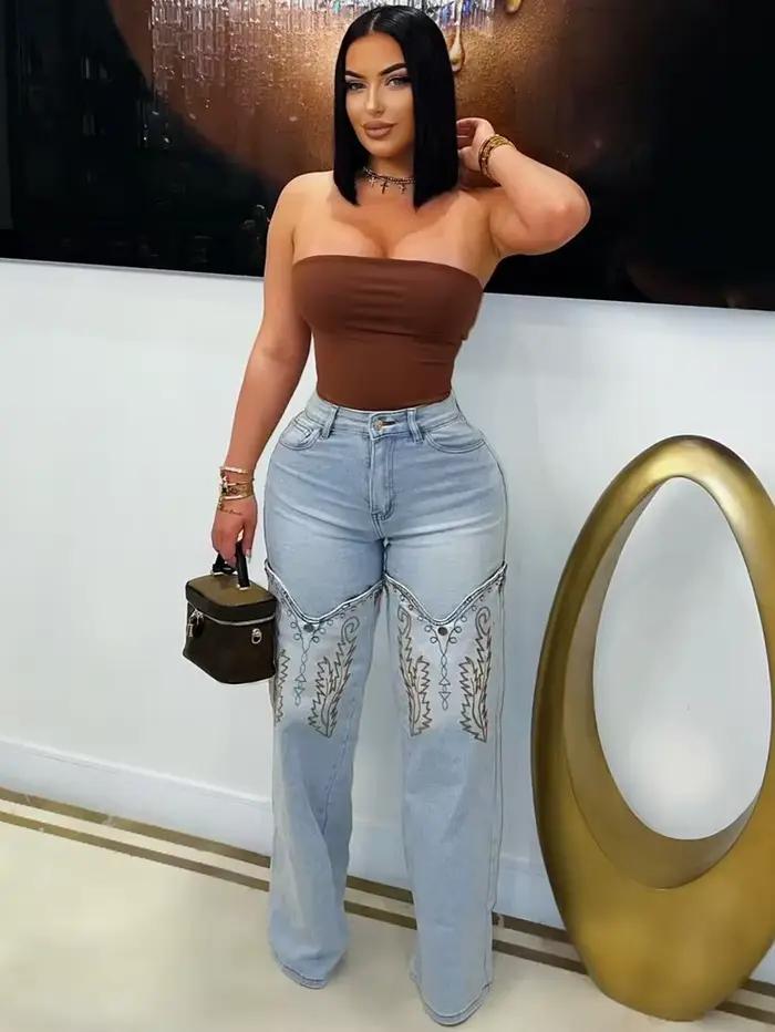 2025 été mode femme Vintage broderie Denim pantalon décontracté taille haute jambe droite Jean femmes rue vêtements